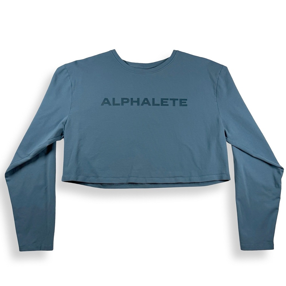 Alphalete Womens Long Sleeve Logo Crop Top Teal Blue Athletic Gym Shirt
